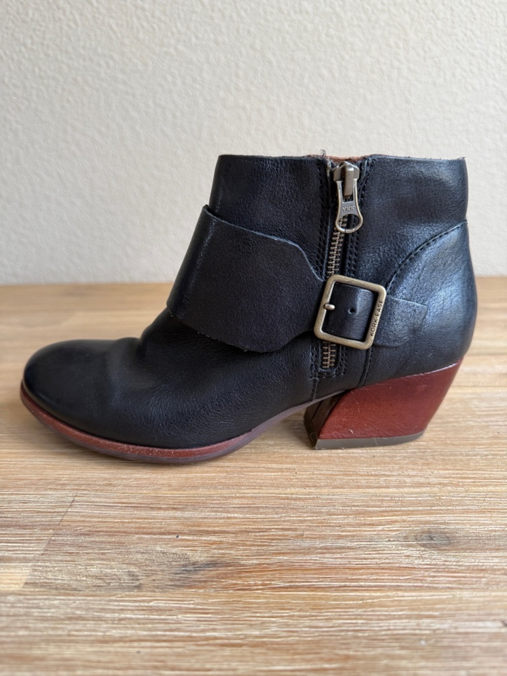 Kork-Ease Black Leather Ankle Booties with Buckle & Side Zip - Picture 2 of 14